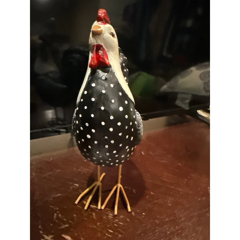 Black White Polka Dot Rooster Figurine Farmhouse Decor Metal Legs Chicken Statue